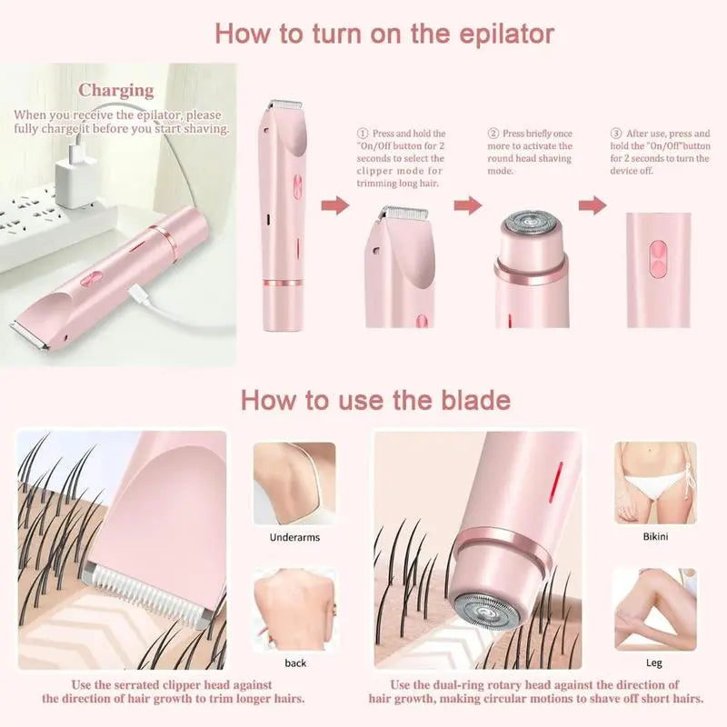 Rechargeable Electric Bikini Trimmer for Women - 2-in-1 Waterproof Body and Facial Hair Removal for Wet and Dry Use