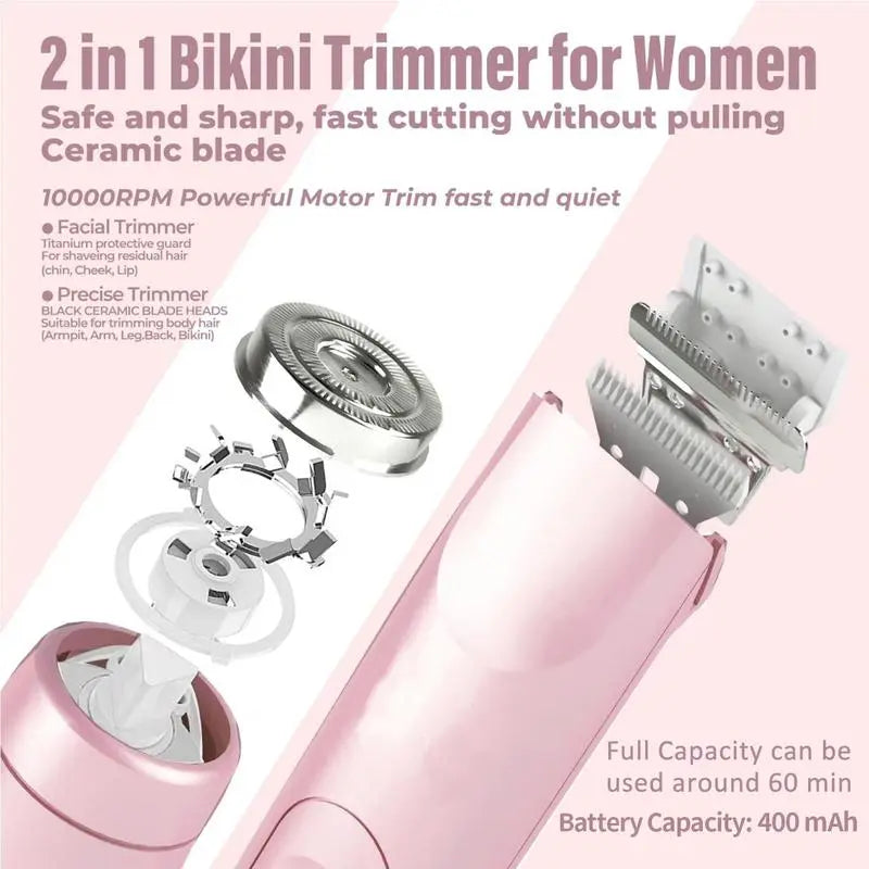 Rechargeable Electric Bikini Trimmer for Women - 2-in-1 Waterproof Body and Facial Hair Removal for Wet and Dry Use